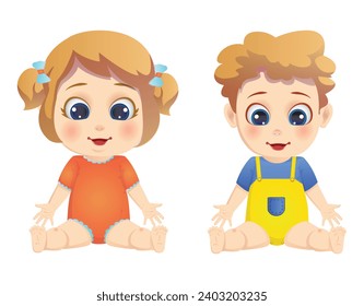 Cartoon baby boy and baby girl smiling, blond hair, sitting vector illustration