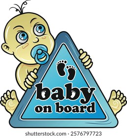 Cartoon baby boy holding a baby on board sign, with pacifier and feet visible.