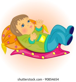 cartoon baby boy lie in bed. cute kid bebe vector illustration