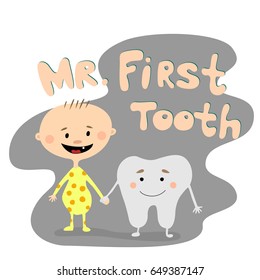 Cartoon baby boy and Mr. First Tooth are holding hands. They are friends.  Vector illustration isolated on white background.