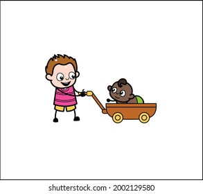 Cartoon Baby Boy pulling baby cart