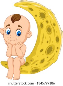 Cartoon baby boy sitting on the moon