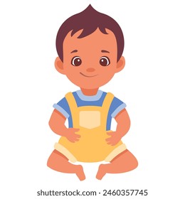 Cartoon baby boy sitting and smiling while wearing yellow overall and blue t-shirt. This is a hand-made image, without the use of Artificial Intelligence