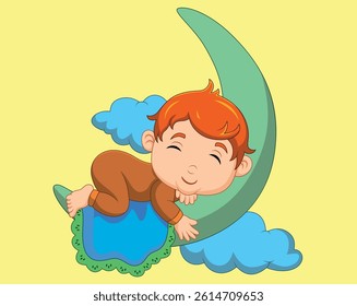 Cartoon baby boy sleeping on the moon vector illustration