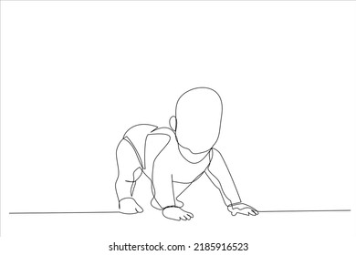 Cartoon of baby boy toddler trying to stand up. Continuous line art
