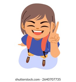 Cartoon of a baby boy from a top view making a victory sign. Illustration concept for success and school enthusiasm