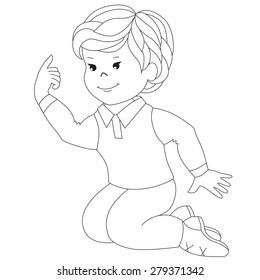 Cartoon baby boy wearing a vest and white shirt held up a finger, smiling and sitting on the floor. Coloring book, character, game for kids and toddlers.