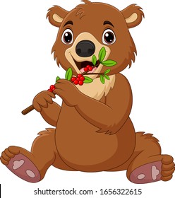 Cartoon baby brown bear with red cranberry