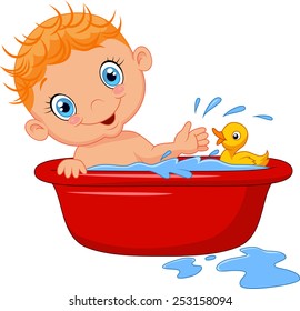 Cartoon baby in a bubble bath splashing water