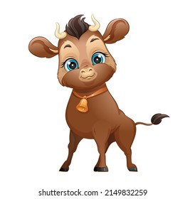 Cartoon baby bull with bell, vector illustration. Cute farm animal.