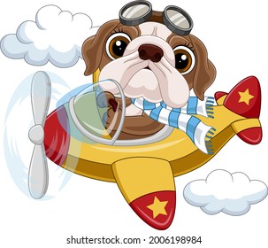 Cartoon baby bulldog operating a plane