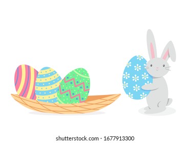 Cartoon baby bunny is carring Easter egg to the busket with colorful Easter eggs. Vector illustration in flat style.