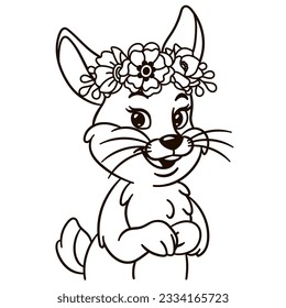 Cartoon baby bunny in floral crown. Cute baby animal nursery print