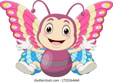 Cartoon baby butterfly sitting and waving