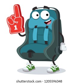 cartoon baby car seat character mascot with the number 1 one sports fan hand glove on a white background