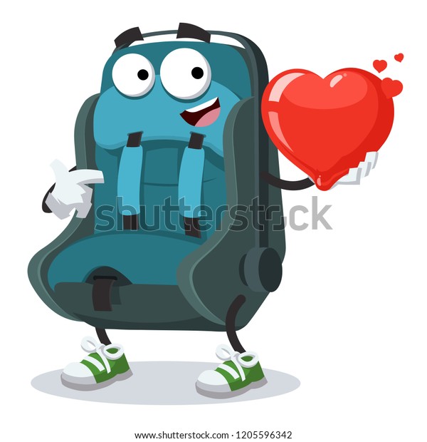 cartoon baby car seat character mascot keeps\
the heart on white\
background