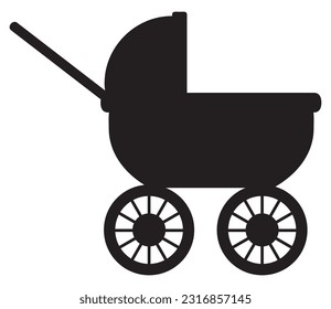 A cartoon baby carriage in silhouette is ready for use