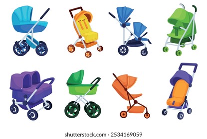 Cartoon baby carts. Toddler stroller, cart and pushchairs. Child safety transportation, single and twins trolley. Infants accessories, nowaday vector set