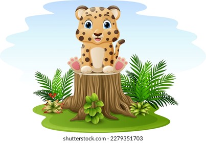 Cartoon baby cheetah sitting on tree stump