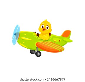 Caricatura del personaje de un animal de polluelo en un avión. Piloto de avión para niños animales. El garbanzo vectorial aislado se eleva alegremente a través del cielo en un lindo y caprichoso avión, con chillidos de alegría que resuenan en el aire