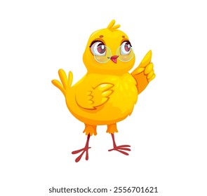 Cartoon baby chick happy character wearing glasses. Farm baby hen cheerful character, spring newborn chick animal or Easter holiday chicken happy vector mascot. Farm small baby animal cute personage