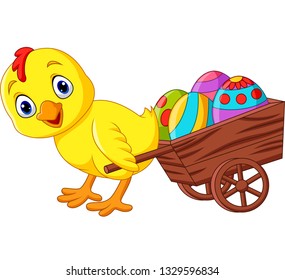 Cartoon baby chick pulling a cart full of Easter eggs