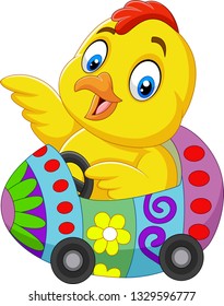Cartoon baby chick riding an easter egg car