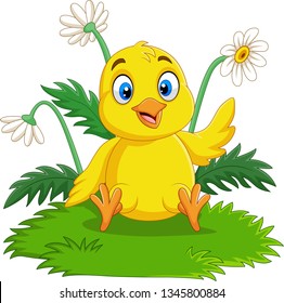 Cartoon baby chick sitting on the grass