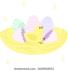 Cartoon baby chicken. Funny little birds. Easter character. Chick hatched from egg. The chick sits in a nest with other eggs