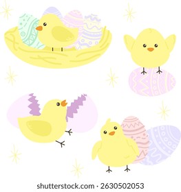 Cartoon baby chicken. Funny little birds. Easter character. Chick hatched from egg. Yellow mascot with different emotions. Sleeping or playing birdie. Domestic animal