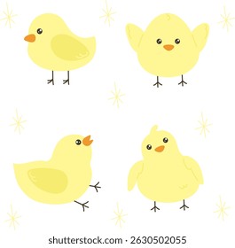 Cartoon baby chicken. Funny little birds. Easter character. Chick hatched from egg. Yellow mascot with different emotions. Sleeping or playing birdie. Domestic animal