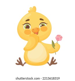 Cartoon baby chicken holding a flower.Vector illustration on a white background