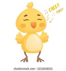 Cartoon baby chicken sings cheep cheep. Vector illustration on a white background.