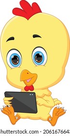 cartoon baby chicken with tablet phone