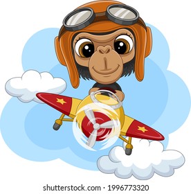 Cartoon baby chimpanzee operating a plane