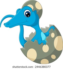 Cartoon baby compsognathus hatching from egg of illustration
