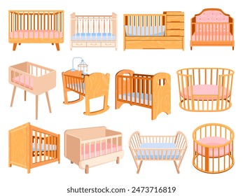 Cartoon baby cots. Newborn crib, wooden swinging cradle child cot mobile carousel infant bed cot bedroom nursery kid sleep room furniture, babies cradles swanky vector illustration of cradle home