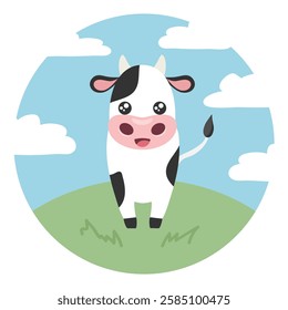 Cartoon baby cow on the green lawn. Cute cow. Vector illustration