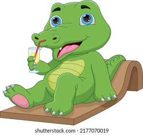 cartoon baby crocodile sitting and drinking