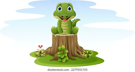 Cartoon baby crocodile sitting on tree stump