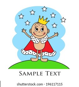 Cartoon baby in the crown and mantle standing arms outstretched on the lawn 