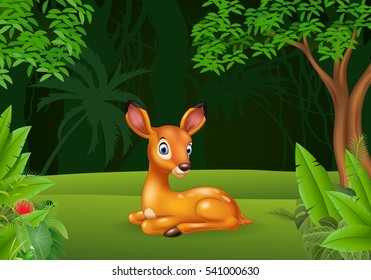 Cartoon baby deer sitting in the jungle
