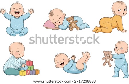 Cartoon baby development illustrations, infant activity clipart, playful baby poses, milestone vector set, parenting artwork, toddler behavior bundle