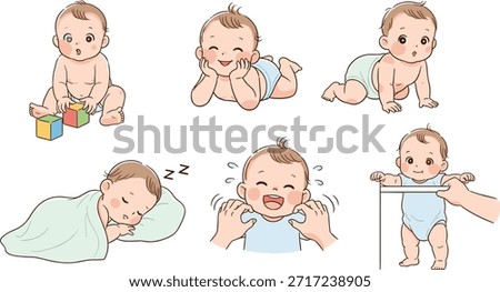 Cartoon baby development illustrations, infant activity clipart, emotional expression vector, early growth stages, cute baby poses, milestone artwork