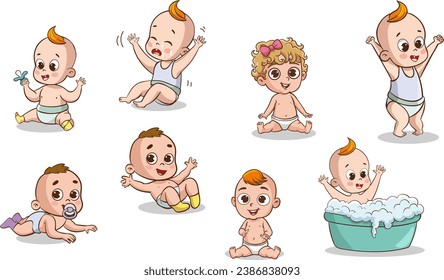 Cartoon baby with different poses. Vector clip art illustration.