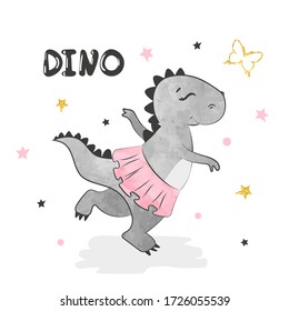 Cartoon baby Dino ballerina girl. Vector watercolor dinosaur illustration.