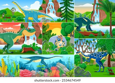 Collage de personajes de dibujos animados de bebés, animales dinosaurios y reptiles. Paisaje prehistórico de la naturaleza marina y forestal, allosaurus, plesiosaurus y lexovisaurus, barapasaurus y dinosaurios hypsilophodon