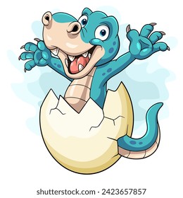 Cartoon baby dinosaur hatching from egg