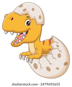 Cartoon Baby Dinosaur Hatching From Egg. Animal Nature Icon Concept Isolated Premium Vector. Vector Illustration