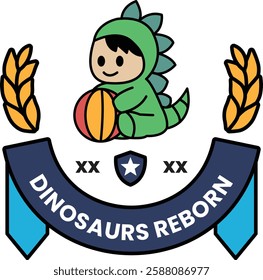 A cartoon of a baby dinosaur holding a ball in the style of sign illustrations